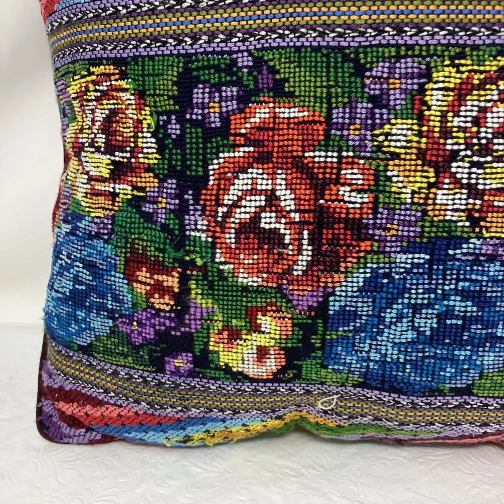 Floral Needlepoint Throw Pillow Rose Zig Zag Stripe cottagecore grannycore VTG
